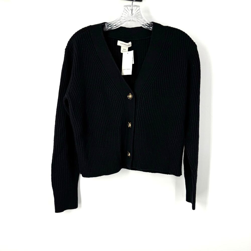NWT Club Monaco Ribbed Cropped Wool Cardigan Sweater M Black Old Money Capsule